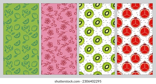 Set of seamless pattern. Lemon, ginger, cherry, kiwi, pomegranate. Fruit pattern. Summer pattern. Patterns for textiles or for covers. Wallpapers.