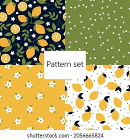 Set of seamless pattern of lemons and flowers. vector texture. fashionable print for textiles, wallpaper and packaging.