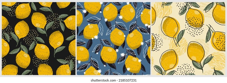 Set of seamless pattern of lemons and flowers. vector texture. fashionable print for textiles, wallpaper and packaging.