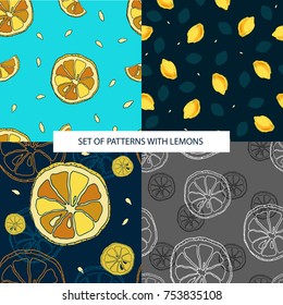 Set of seamless pattern with lemons. Vector. Illustration