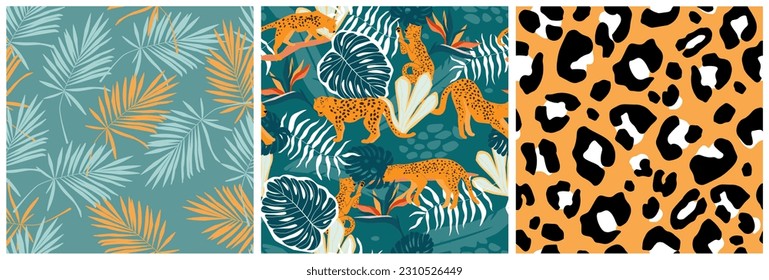 Set of seamless pattern with leopards in the jungle with palm trees and flowers, animal print. Predatory cats on a natural tropical print. Vector graphics.