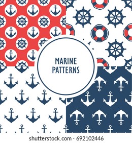 Set of seamless pattern with lifebuoys, anchors and marine steering wheels, hand drawn illustration. Colorful collection vector, print. Overlapping background. Decorative wallpaper, good for printing