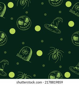 Set Seamless Pattern Lite Yellow Mystical Celestial Simple Minimalism Tattoo Symbol With Random Circle Object Space Doodle Esoteric Elements Vintage Illustration Dark Green Background.