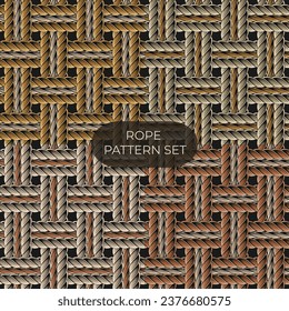 Set of seamless pattern with loose interwoven ropes. Mat, rug with traditional basket weave with three cords. Burlap weave. Vintage style. Not AI