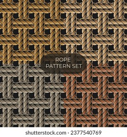 Set of seamless pattern with loose interwoven ropes. Mat, rug with traditional basket weave with two cords. Burlap weave. Vintage style. Not AI
