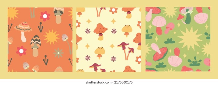 Set seamless pattern magic hallucinogenic mushrooms. Fantasy cute elements. Cute cartoon mushrooms on the grass. Modern design print for cloth, wallpaper, decor interior. Hippie style. Vector float.