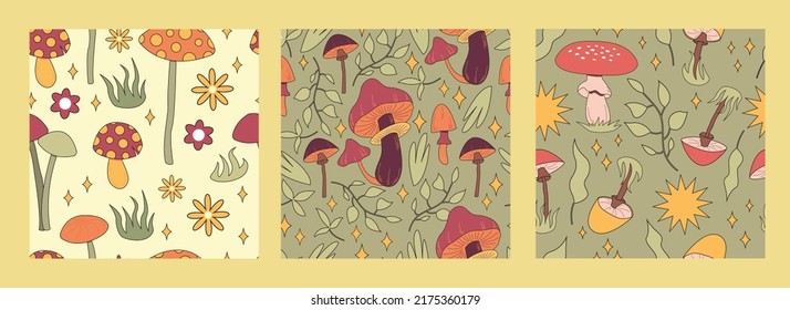 Set seamless pattern magic hallucinogenic mushrooms. Fantasy cute elements. Cute cartoon mushrooms on the grass. Modern design print for cloth, wallpaper, decor interior. Hippie style. Vector float.