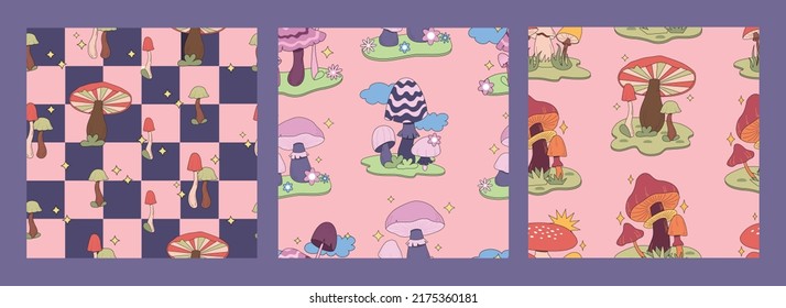 Set seamless pattern magic hallucinogenic mushrooms. Fantasy cute elements. Cute cartoon mushrooms on the grass. Modern design print for cloth, wallpaper, decor interior. Hippie style. Vector float.