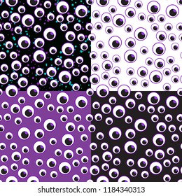 Set seamless pattern Many eyes. Vector illustration Happy Halloween design for kids. On a black, white and purple background.