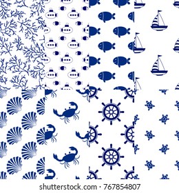 Set seamless pattern with marine animals and boat. Endless for wallpaper, scrapbook and other design.