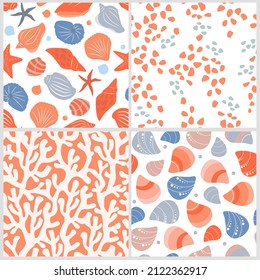 The set is a seamless pattern with marine ocean inhabitants, a collection of shells, corals, water with air bubbles. Sea abstract print. Vector graphics.