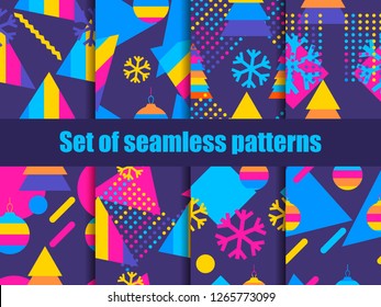 Set of seamless pattern memphis with snowflakes and fir-trees. Collection of Christmas backgrounds. Great for brochures, promotional material, wrapping paper and wallpapers. Vector illustration