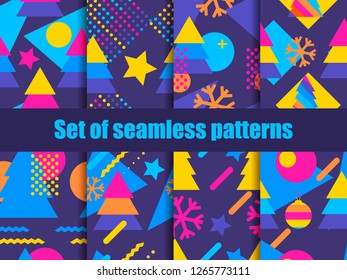 Set of seamless pattern memphis with snowflakes and fir-trees. Collection of Christmas backgrounds. Great for brochures, promotional material, wrapping paper and wallpapers. Vector illustration