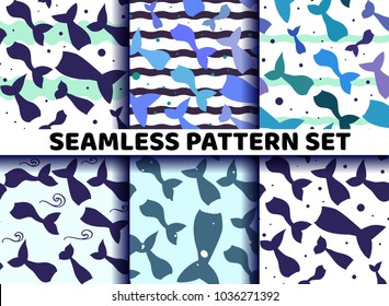 Set seamless pattern mermaid tail in water. Cute background for kids.