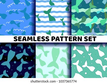 Set seamless pattern mermaid tail in water. Cute background for kids.