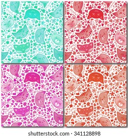 Set: Seamless pattern with mewing cats. Valentines day card, ornate background, design. Hand-drawn seamless pattern with cats, hearts and flowers. Hand drawn vector illustration.