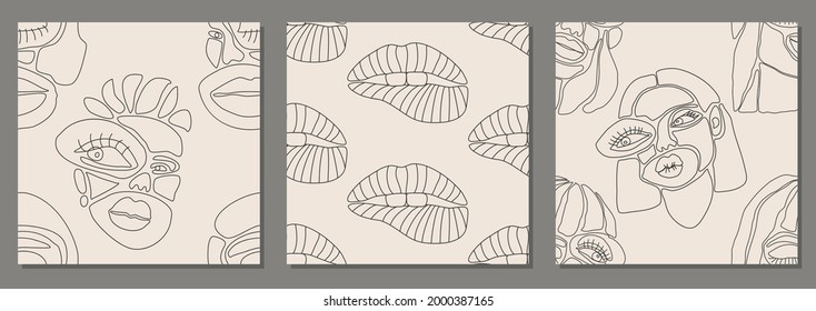 Set of seamless pattern of minimalist contemporary portrait woman beauty