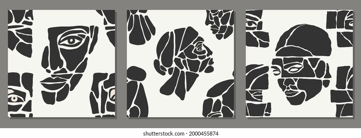 Set of seamless pattern of minimalist contemporary portrait woman beauty