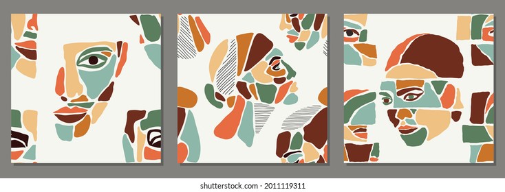 Set of seamless pattern of minimalist contemporary portrait woman beauty
