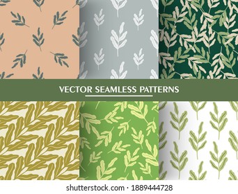 Set of seamless pattern in minimalistic style with vintage leaf branches silhouettes. Leaves pattern collections. Vector illustration for seasonal textile, fabric, banners, backdrops and wallpapers.