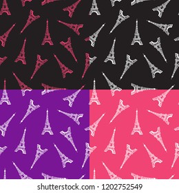 Set Seamless pattern. Modern design print fabric. Illustration white ink Eiffel Tower. Abstract ornament hand drawing. Vector illustration is isolated on color background.