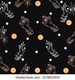 Set Seamless Pattern Mystical Celestial Simple Minimalism Tattoo Symbol With Gold and White Random Circle Object Space Doodle Esoteric Elements Vintage Illustration Black Background.