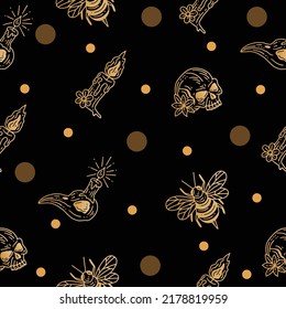 Set Seamless Pattern Mystical Celestial Simple Minimalism Tattoo Symbol With Gold Random Circle Object Space Doodle Esoteric Elements Vintage Illustration Dark Black Background.