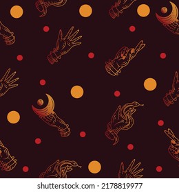 Set Seamless Pattern Mystical Celestial Simple Minimalism Tattoo Symbol With Yellow and Red Random Circle Object Space Doodle Esoteric Elements Vintage Illustration Dark Red Background.