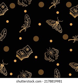 Set Seamless Pattern Mystical Celestial Simple Minimalism Tattoo Symbol With Gold Random Circle Object Space Doodle Esoteric Elements Vintage Illustration Dark Black Background.