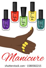 Set with seamless pattern and nail polishes. Cartoon style. Vector illustration