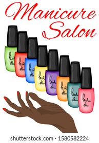 Set with seamless pattern and nail polishes. Cartoon style. Vector illustration