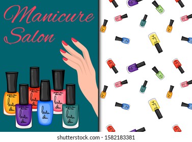 Set with seamless pattern and nail polishes. Cartoon style. Vector illustration