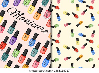 Set with seamless pattern and nail polishes. Cartoon style. Vector illustration