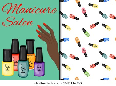 Set with seamless pattern and nail polishes. Cartoon style. Vector illustration