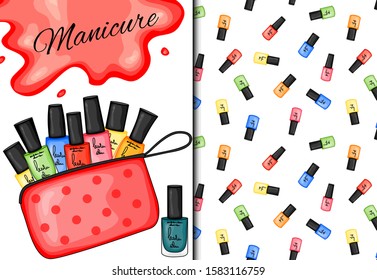 Set with seamless pattern and nail polishes. Cartoon style. Vector illustration