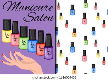 Set with seamless pattern and nail polishes. Cartoon style. Vector illustration