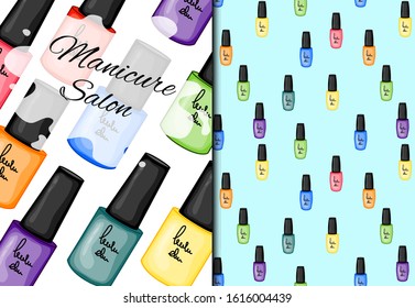 Set with seamless pattern and nail polishes. Cartoon style. Vector illustration