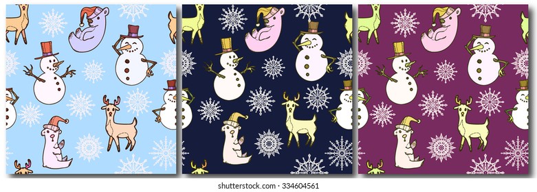 Set: seamless pattern with New Year celebration Icons and Christmas symbols. Christmas elements. Christmas background, seamless tiling with snowmen, polar bears, deer, snowflakes. Christmas design.