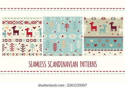 Set of seamless pattern with nordic tribal ornament with deer. Scandinavian style decor. Endless texture can be used for pattern fills, web page background, surface texture. Vector illustration EPS8