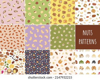 Set of seamless pattern of nuts and seeds. Kitchen, cooking print. Cashews, almonds, pistachios, walnuts, pumpkin, sunflower seeds. Organic food. Hand drawn cartoon vector illustration