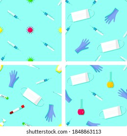 Set of seamless pattern with objects of protection against virus and disease in flat design. Coronavirus, Covid symbols.
