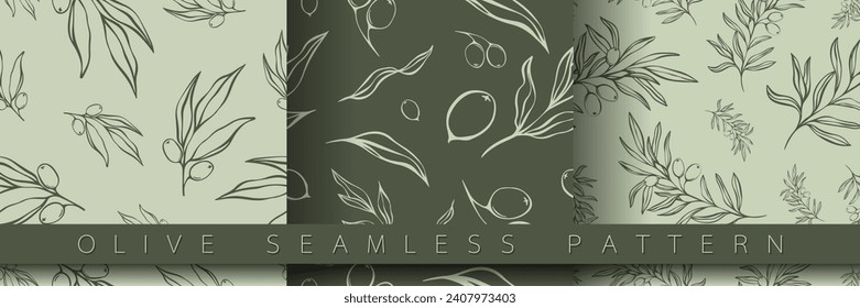 Set of seamless pattern with olive Branch in Minimal Liner Style. Vector Floral Backgrounds for Wedding invitations, greeting cards, print on fabric, wallpapers, scrapbooking, gift wrap and more.	