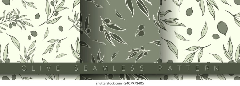 Set of seamless pattern with olive Branch in Minimal Liner Style. Vector Floral Backgrounds for Wedding invitations, greeting cards, print on fabric, wallpapers, scrapbooking, gift wrap and more.	