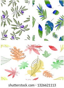 Set of Seamless pattern olive tree twigs, Watercolor autumn nature pattern texture and tropical palm leaves. Vector season wallpaper
