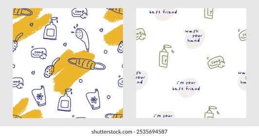 Set of seamless pattern on hygiene and body care: shower, soap, cream, shampoo, washcloth etc. Doodle vector illustration. Childish naive art style