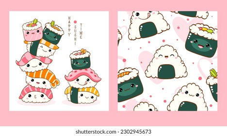 Set of seamless pattern and one print with cute sushi and roll in kawaii style. Endless texture can be used for textile pattern fills, t-shirt design, web page background. Vector illustration EPS8