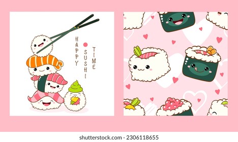 Set of seamless pattern and one print with cute sushi and roll in kawaii style. Endless texture can be used for textile pattern fills, t-shirt design, web page background. Vector illustration EPS8