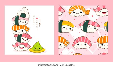 Set of seamless pattern and one print with cute sushi and roll in kawaii style. Endless texture can be used for textile pattern fills, t-shirt design, web page background. Vector illustration EPS8