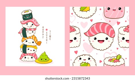 Set of seamless pattern and one print with cute sushi and roll in kawaii style. Endless texture can be used for textile pattern fills, t-shirt design, web page background. Vector illustration EPS8