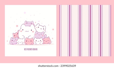 Set of seamless pattern and one print with cute cats in kawaii style. Endless texture can be used for textile pattern fills, t-shirt design, web page background. Best friends forever. Vector EPS8